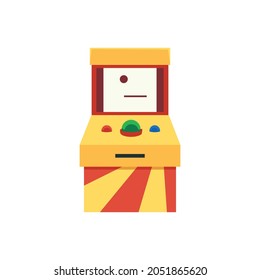 Retro arcade game machine isolated on white background - colorful yellow playing console with bouncing ball on display and big sphere buttons, vector illustration.
