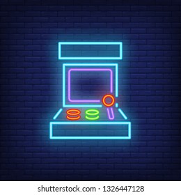 Retro arcade game machine neon sign. Video game and entertainment design. Night bright neon sign, colorful billboard, light banner. Vector illustration in neon style.