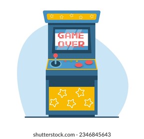 Retro arcade game machine with game over message on screen. Entertainment gambling equipment with joystick and display. Classic 8bit video. Cartoon flat style isolated vector concept
