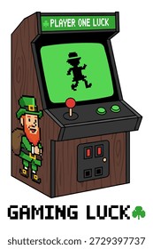 Máquina de juego de arcade retro con duende pixelado, jugador de un texto de suerte, suerte de juego para el día de San Patricio.