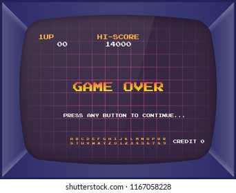 Retro arcade game machine. Screen background and font. Vector illustration.