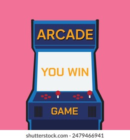 Retro arcade game machine. Screen background and font. Vector illustration. You Win Icon.