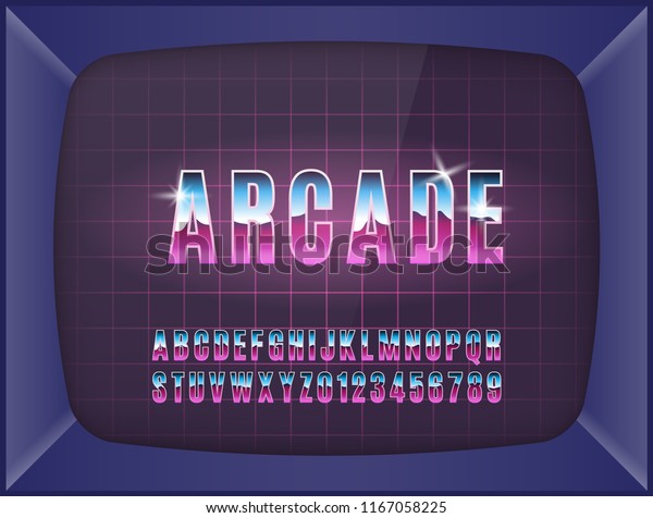 Retro arcade game machine. Screen\
background and font. Vector\
illustration.