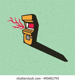 Retro arcade game machine. Vector cartoon illustration on grunge texture bacground.