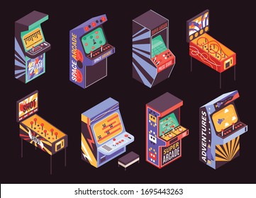 Retro arcade game machines isometric colorful icons set on dark background isolated vector illustration