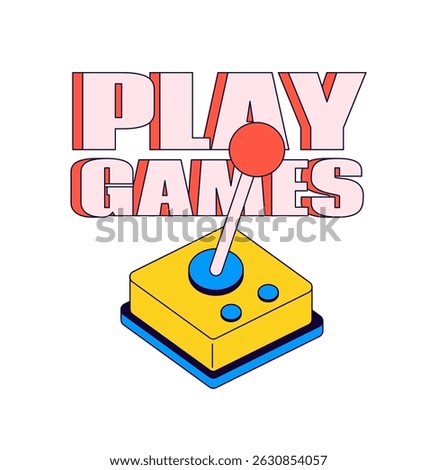 retro arcade joystick with bold “PLAY GAMES” text. Great for gaming content, posters, or promotional material in Colorful illustration cartoon hand drawn