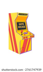 Retro arcade machine cartoon patch in yellow and red. Classic joystick and console for videogame player. Fun retro gamepad, arcade video machine, nostalgic entertainment, colorful badge.