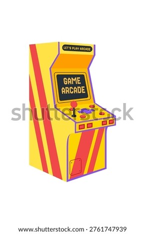 Retro arcade machine cartoon patch in yellow and red. Classic joystick and console for videogame player. Fun retro gamepad, arcade video machine, nostalgic entertainment, colorful badge.
