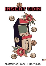 Retro Arcade Machine, Flowers and Coins Traditional Tattoo Art