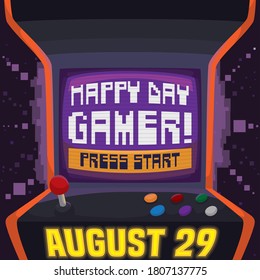 Retro arcade machine with game inviting you to press start and begin start Gamer Day celebration in August 29.