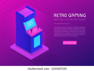 Retro Arcade Machine for gaming 80's and spaces for your text. Vector illustration template for flyers poster with Sci-Fi and 3D elements. Bright and shine banner. Neon style and Futurism.
