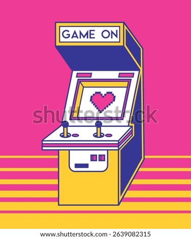 Retro Arcade Machine with Heart Pixel – Vector illustration of a vintage arcade game cabinet with pixel heart and “Game On” text. Bright pink and yellow color scheme in nostalgic 80s and 90s style.