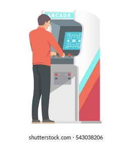 Retro Arcade Machine. Man Playing Classic Video Games. Vector Illustration