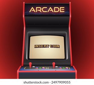 Retro Arcade Machine With ‘Insert Coin’ Message on the Screen. Vector Illustration