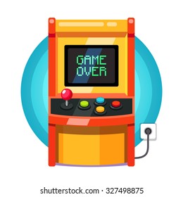 Retro arcade machine plugged in with pixel game over message. Flat style vector illustration isolated on white background.