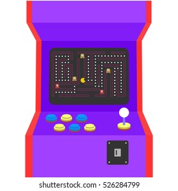 Retro arcade machine plugged in with pixel game over message. Flat style vector illustration isolated on white background