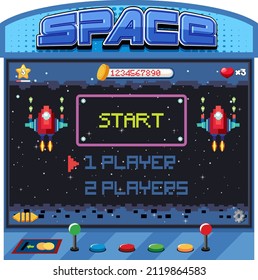 Retro arcade pixel space game interface illustration