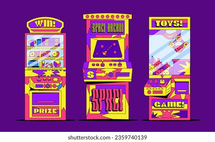 Retro arcade slot machines in 90s style. Vector set of game cabinet prizes and luck. Display of cartoon game with joystick