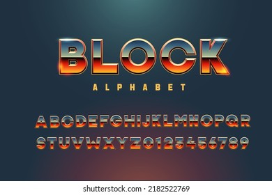 Fuente vectorial de arcada retro. Alfabeto 3d completo y números con un efecto metálico. Typeface metálico en verde naranja y azul gris para juegos, afiches, volantes, títulos, etc. Superhéroe futurista de ciencia ficción, fan