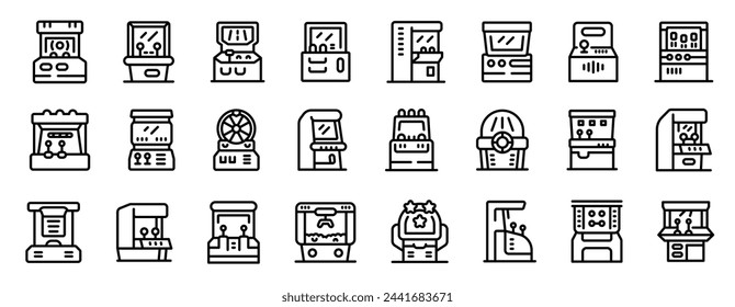 Retro arcade video game screen machine icons set outline vector. Computer console. Button gamer