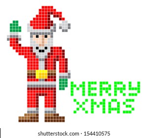 Retro arcade video game style pixel art Christmas Santa with Merry Xmas message