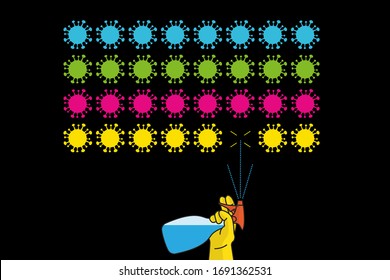 Retro arcade video game where alcohol spray kills coronavirus. Vector illustration on black background