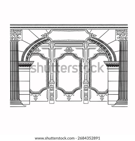 Retro arch with columns, black and white illustration