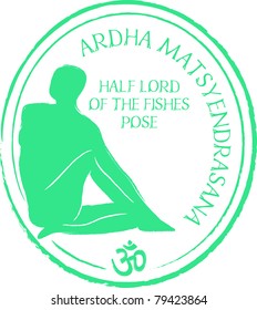 Retro Ardha Matsyendrasana Yoga Half Lord of the Fishes Pose in Passport Stamp Style Vector Illustration