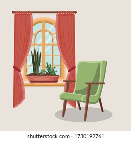 Retro armchair apartment interior window long curtains and plants