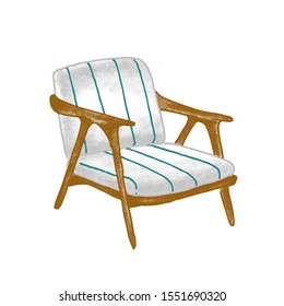 Retro armchair flat vector illustration. Vintage wooden chair with blue striped upholstery isolated on white background. Stylish contemporary furniture piece. Trendy home decor design element.