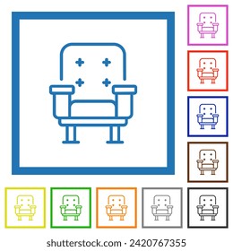 Retro armchair front view outline flat color icons in square frames on white background