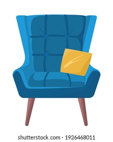 Retro armchair with a pillow. Upholstered armchair, comfortable seat, hall, living room, bedroom furniture. Vector flat style cartoon illustration isolated on white background, blue armchair.