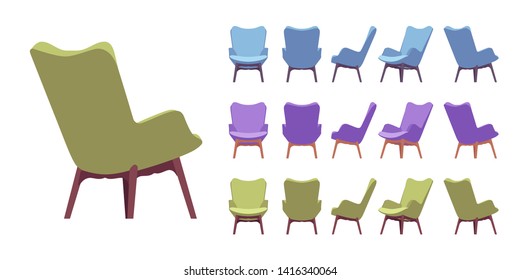 Retro Armchair Set. Soft Upholstery Chair, Comfortable Seat, Lobby, Lounge Room, Living, Bedroom Furniture. Vector Flat Style Cartoon Illustration Isolated On White Background, Different Views, Color