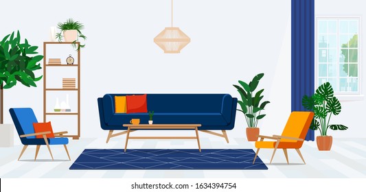 Retro armchairs and colorful pillows on a navy blue sofa in a vibrant living room interior with green plants. 