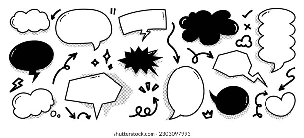 Retro arrow and comic bubbles and elements vector set . Hand drawn vector illustration for vintage poster design design, pop art style text decoration.