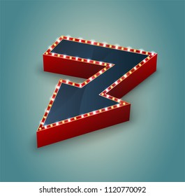 Retro arrow with glowing lights. volume frame. Realistic scalable with 3d volumetric icon on light bulb. Empty space for text. Winter promotions, discounts and offers for business. Vector illustration