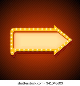 Retro arrow with glowing lights. volume frame. Realistic scalable with  3d volumetric icon on light bulb. Empty space for text. Winter promotions, discounts and offers for your business. Vector