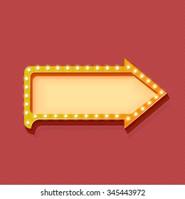 Retro arrow with glowing lights. volume frame. Realistic scalable with  3d volumetric icon on light bulb. Empty space for text. Promotions, discounts and offers for your business. Vector