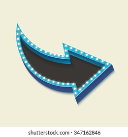Retro arrow with glowing lights. volume frame. Realistic scalable with  3d volumetric icon on light bulb. Empty space for text. Winter promotions, discounts and offers for your business. Vector