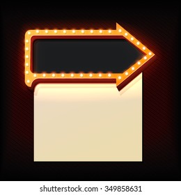 Retro arrow with glowing lights. volume frame. Realistic scalable with  3d volumetric icon on light bulb. Empty space for text. Winter promotions, discounts and offers for your business. Vector