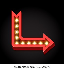 Retro arrow with large lamps. Neon lights. Volumetric 3D boom frame with glowing lights and black empty prostranstovm. Index on a black background. Vintage red arrow. Vector illustration