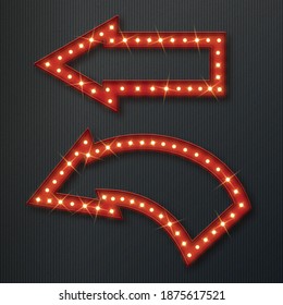 Retro arrow with shiny led lamps, direction pointer, vector illustration