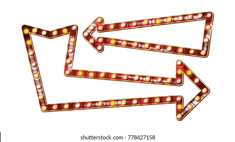 Retro Arrows Billboard Vector. Shining Arrow Light Sign Board. Realistic Shine Lamp Frame. Vintage Golden Illuminated Neon Light. Carnival, Circus, Casino Style. Isolated Illustration