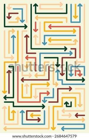 Retro arrows and flow interconnected colorful arrows and lines creating winding abstract maze on light.