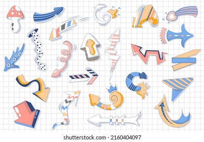 Retro arrows of various directions of the comic pop art set. Vintage design with cartoon colorful arrow symbols, right, down, up, left. Template for dynamic sign pointers. Vector illustration