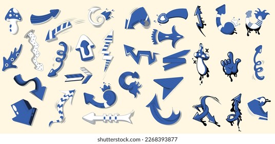 Retro arrows of various directions of the comic pop art set. Street art design elements set. Arrow doodle isolated on white background. Sketch on notebook page. Vector
