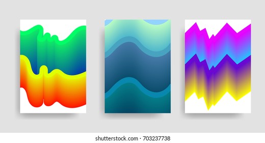 Retro art for A4 covers, banners, flyers, posters. Placard templates set with abstract liquid bubbles shapes, 80s Cool gradient shapes composition. 3d design elements. Eps10 vector illustrations.