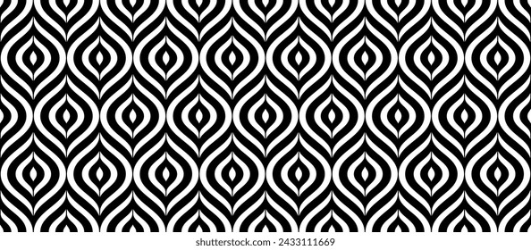 Patrón sin costuras en blanco y negro art deco retro. Hojas repetidas, plumas o motivos florales. Textura decorativa vintage para papel pintado, textil, tela, muestra de impresión. Vector elegante fondo de ornamento