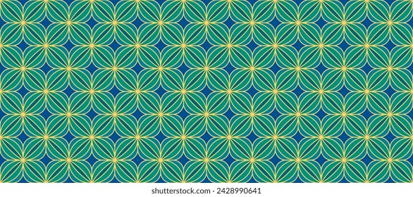 Retro art deco blue and green seamless pattern. Repeated gold circle or floral motif. Vintage decorative texture for wallpaper, textile, fabric, print swatch. Vector golden elegant ornament backdrop