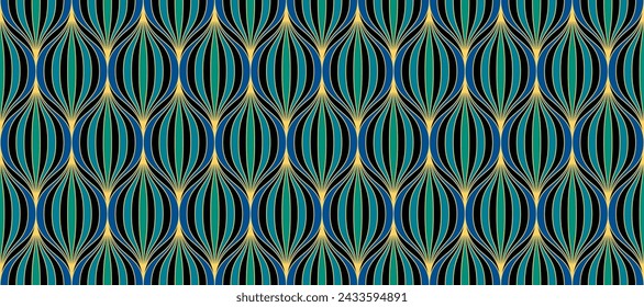 Retro art deco blue, green, black seamless pattern. Repeated leaves, feather or floral motif. Golden decorative texture for wallpaper, textile, fabric, print swatch. Vector vintage ornament backdrop